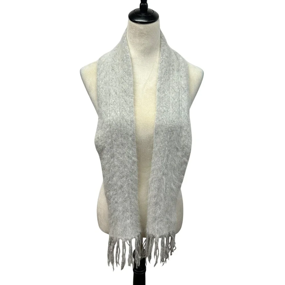 Rabbit Hair Wool Scarf Gray Fuzzy Knit Fringe Soft Cozy Winter Wrap Quiet Luxury